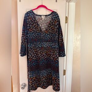 Long Sleeve Faux Wrap Dress with Multicolored Pattern